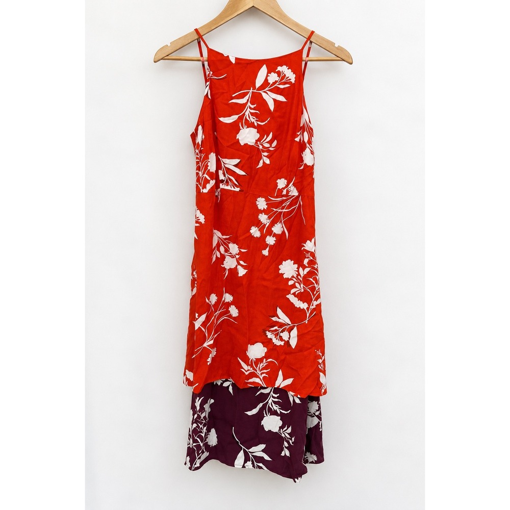 Ann Taylor Petite Red Purple Floral Tiered Midi Dress 2P Rayon Sleeveless